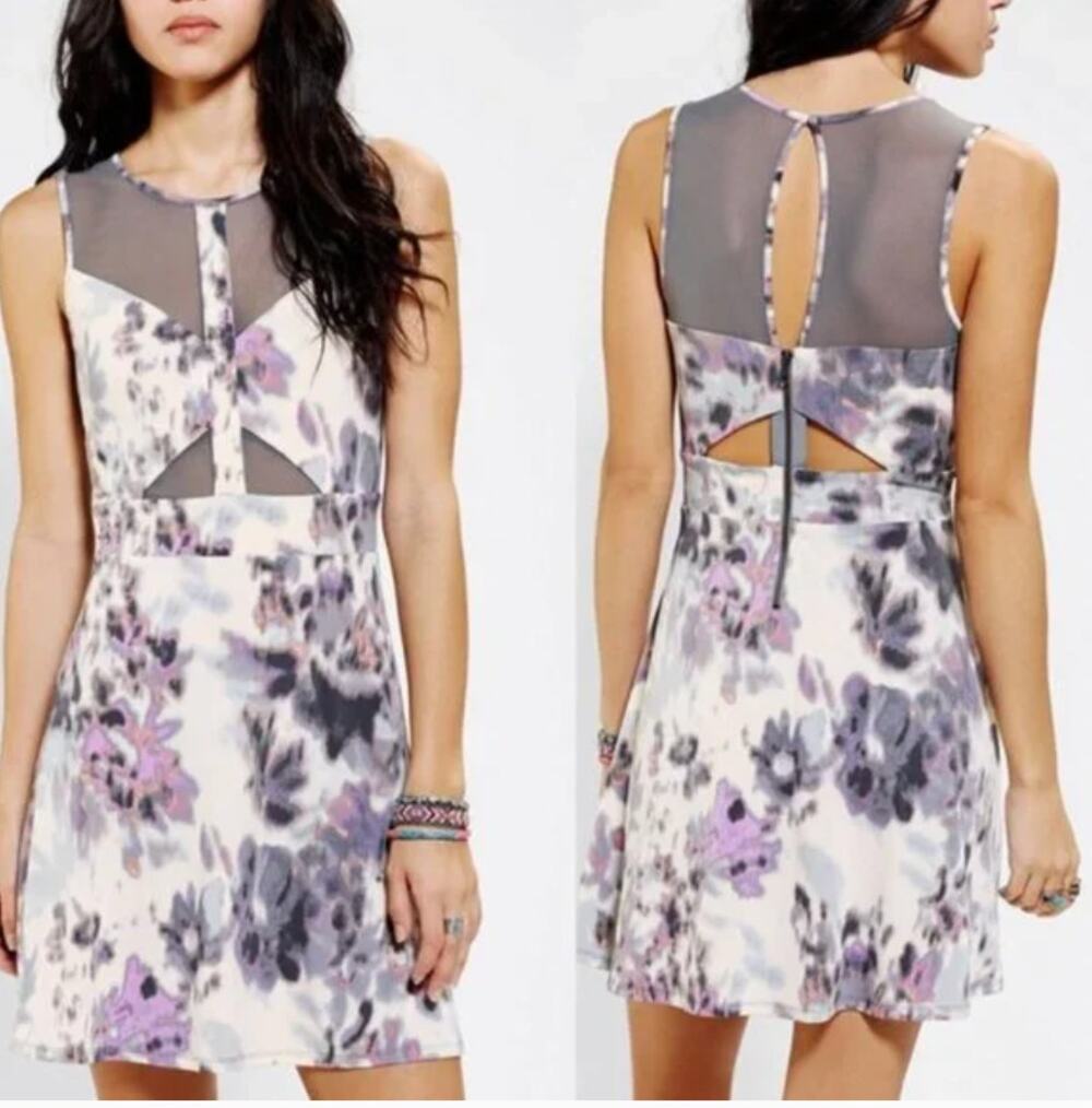 Silence Noise Mesh Skater Dress Purple Gray Watercolor Cutout Urban Outfitters M